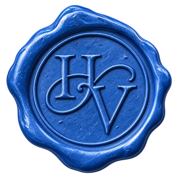 Blue wax seal with the initials H and V